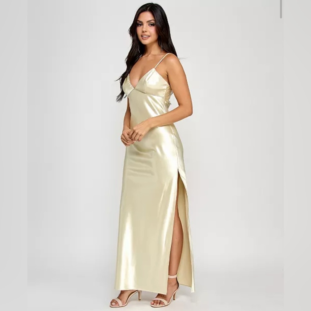 Morgan & Co butter Yellow Satin Embellished V-Neck Sleeveless Dree Size M - Picture 4 of 6